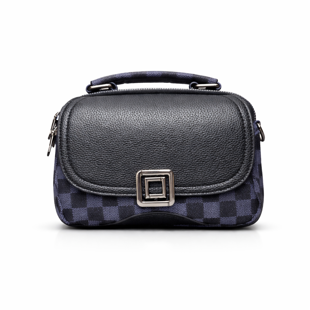 Gray handbag with a checkered pattern on a white background