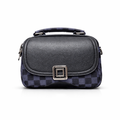 Gray handbag with a checkered pattern on a white background