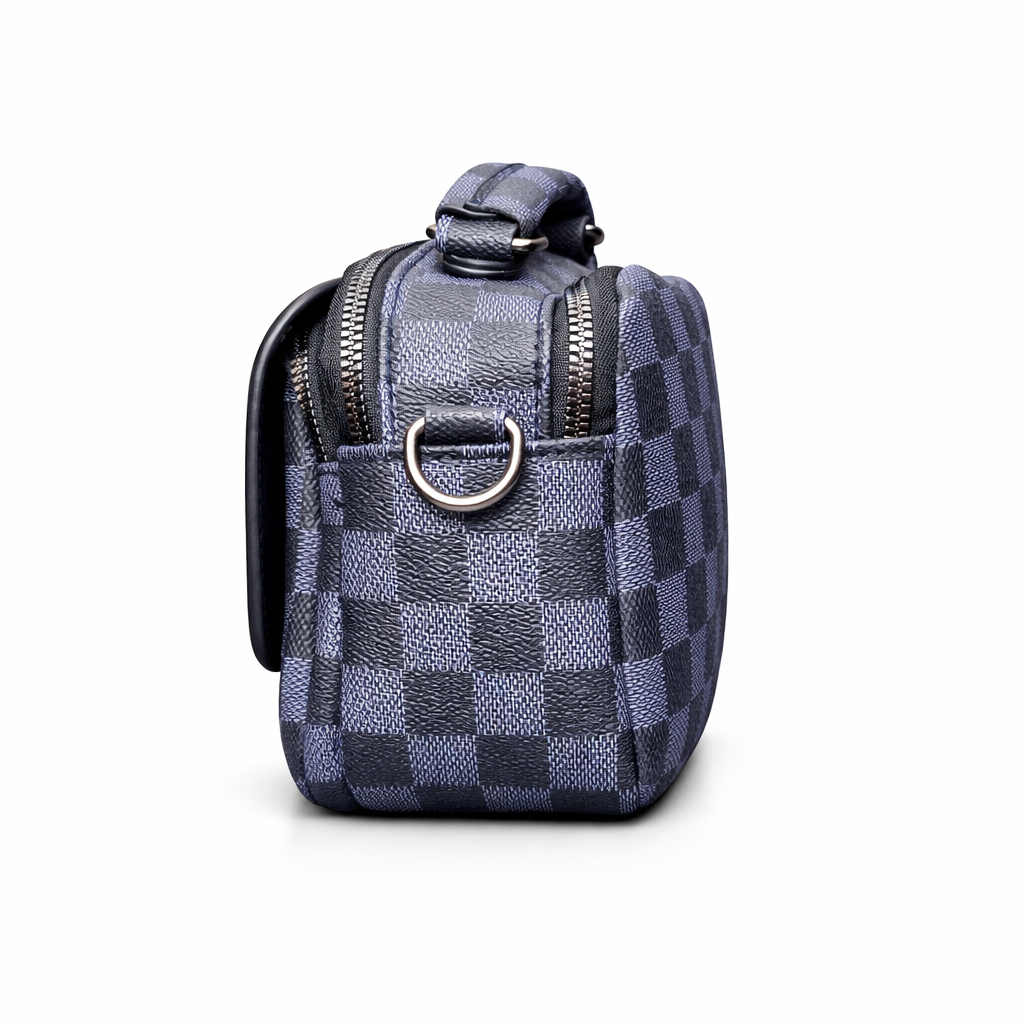 Blue checkered bag with a silver buckle on a white background