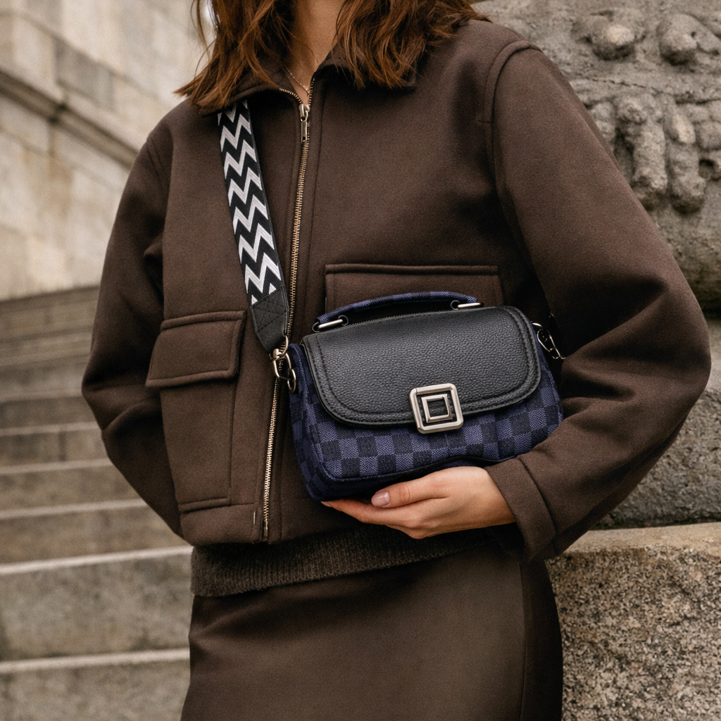 Woman holding a black handbag with a patterned strap in front of stone architecture.