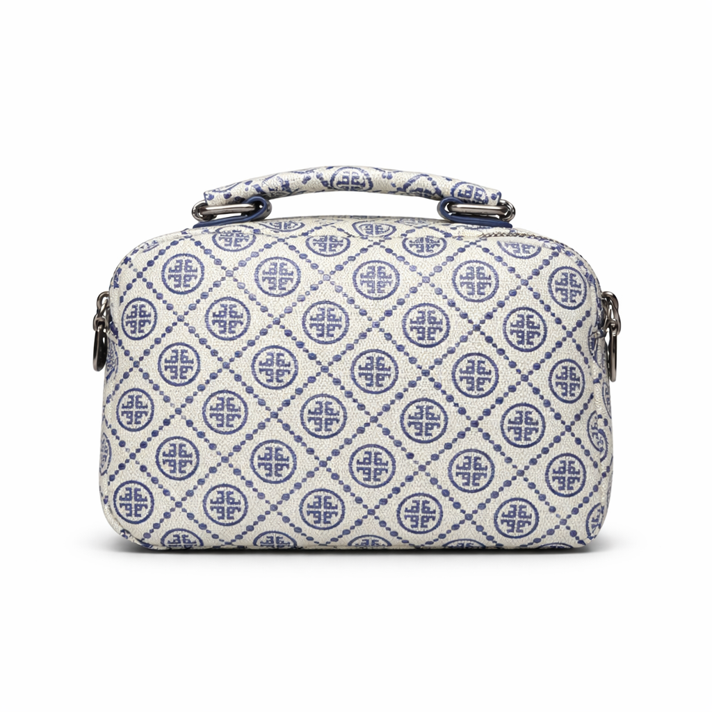White handbag with blue geometric pattern on a white background