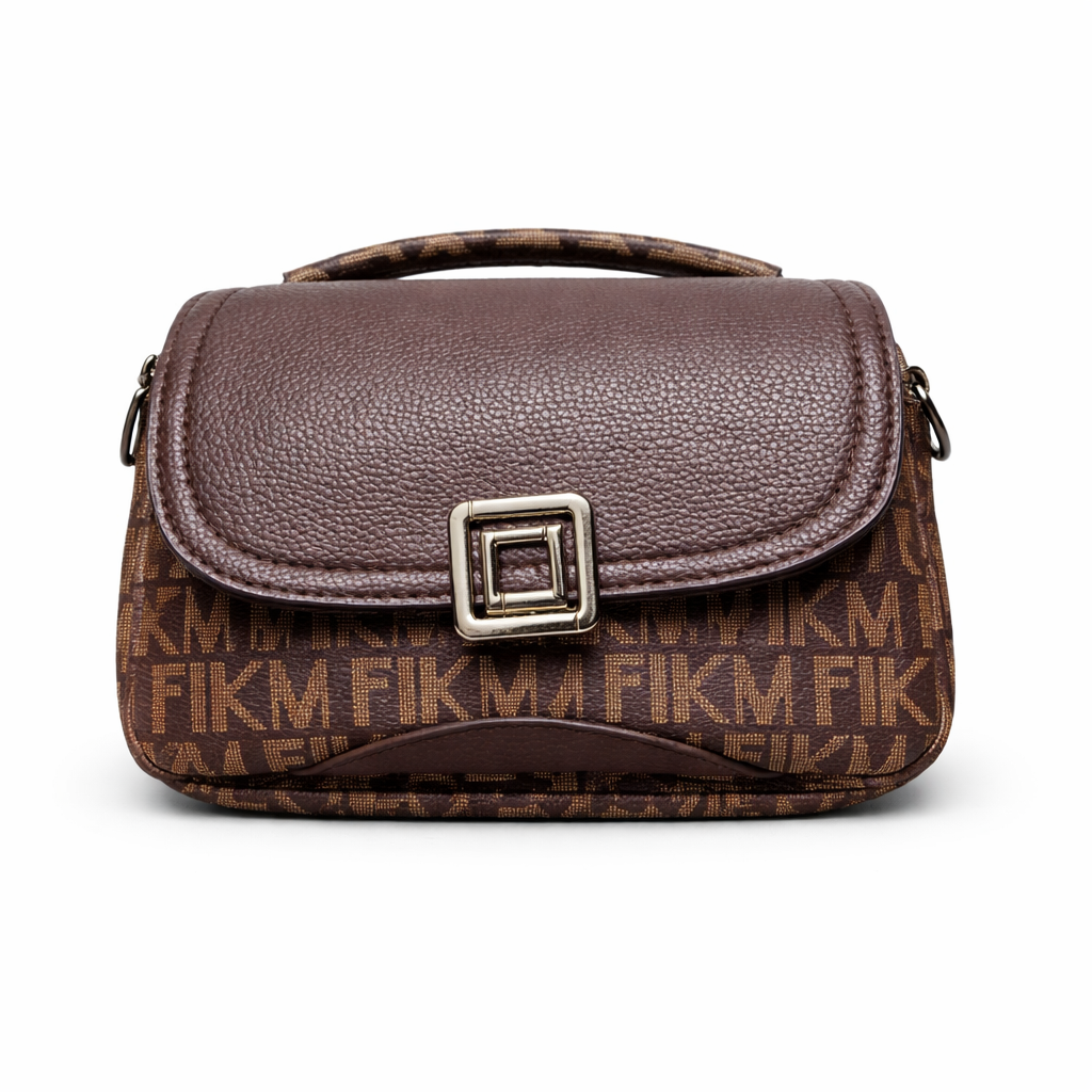 Brown handbag with a patterned base on a white background