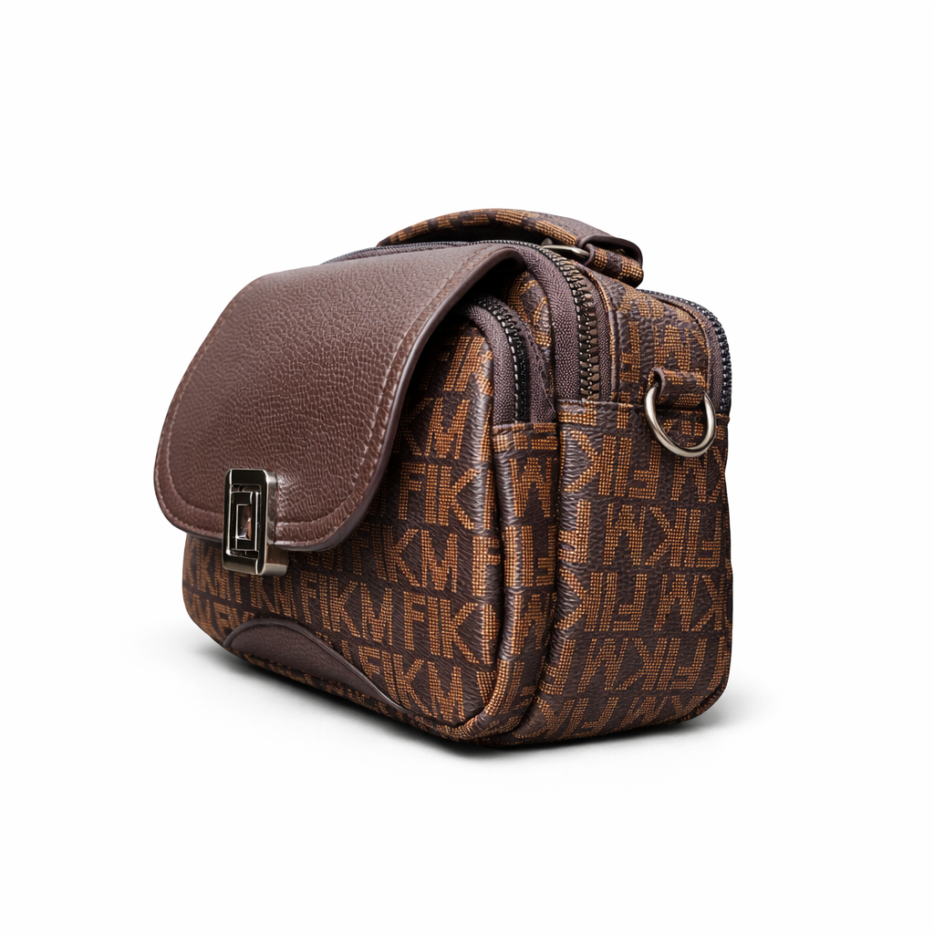 Brown patterned bag with a buckle on a white background