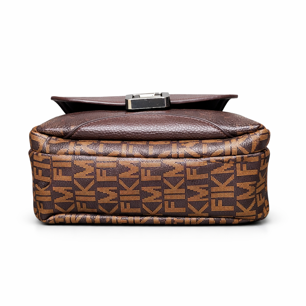 Brown leather bag with a pattern on a white background