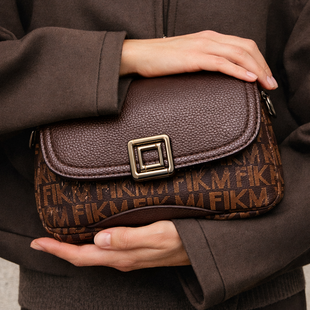 Person holding a brown leather handbag with a gold buckle.