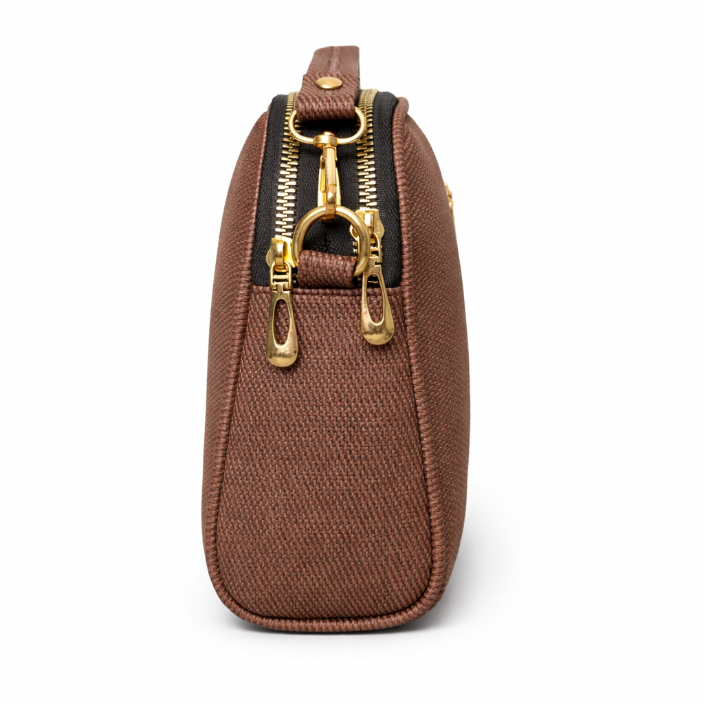 Brown pouch with gold zipper on a white background