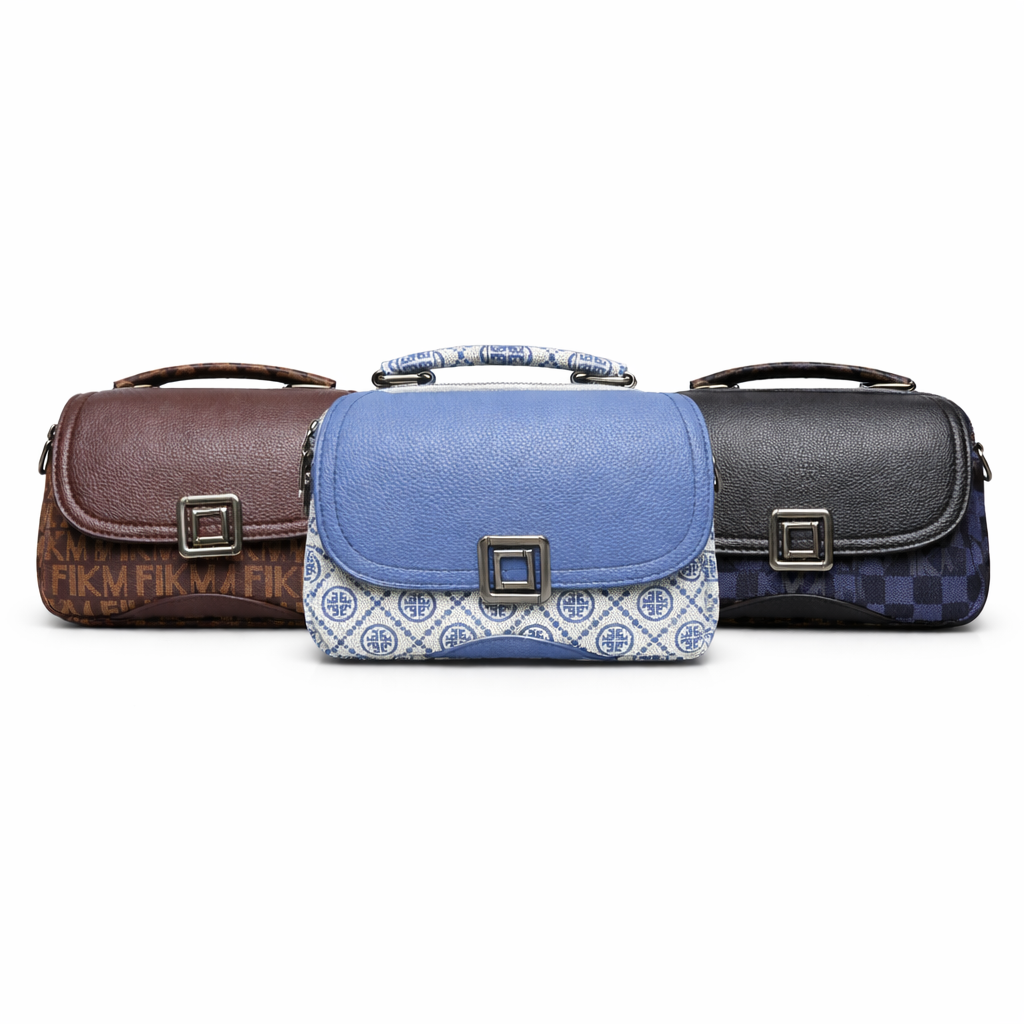 Three bags in brown, blue, and gray with a patterned design on a white background