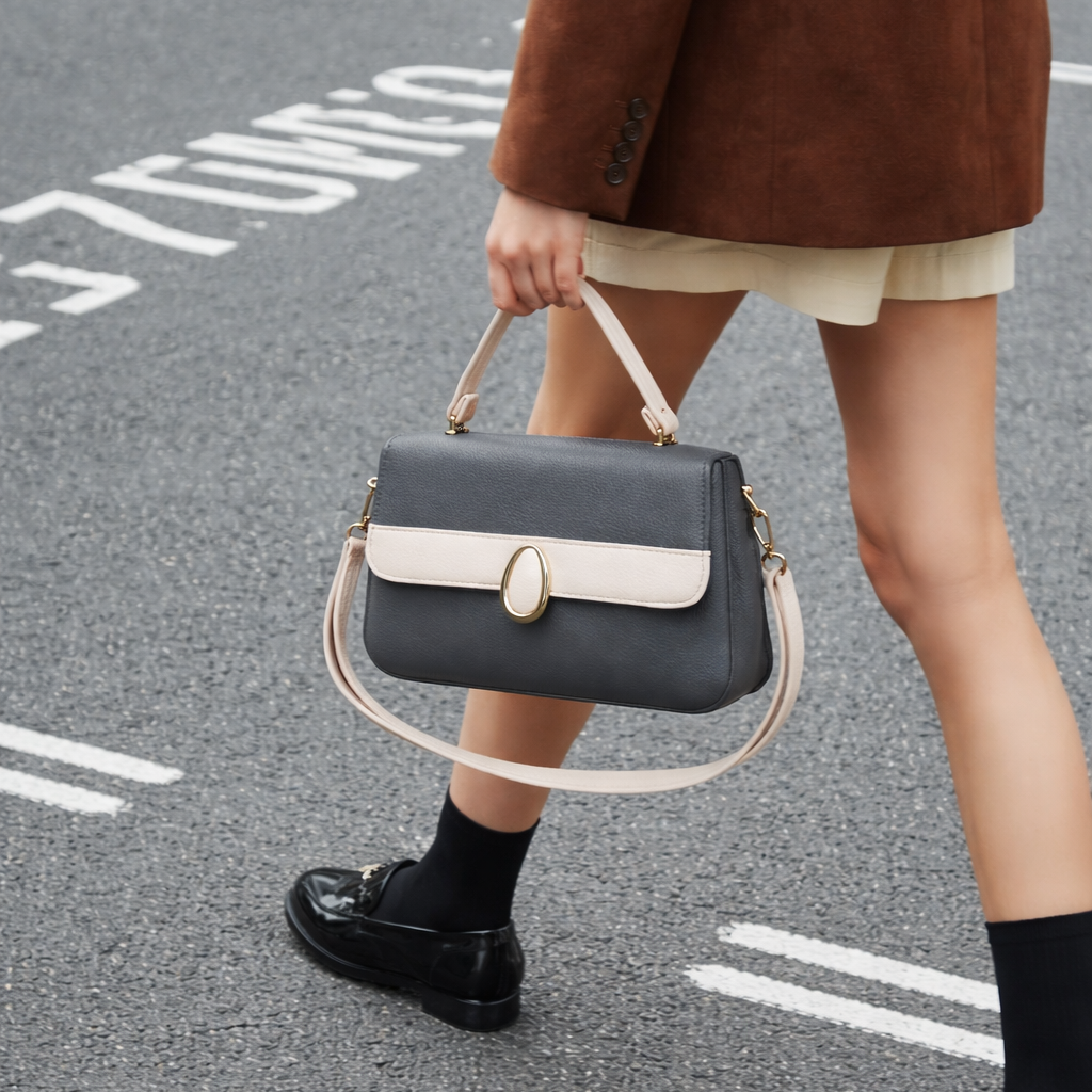 Person holding a gray handbag on a street with 'Zara' branding.